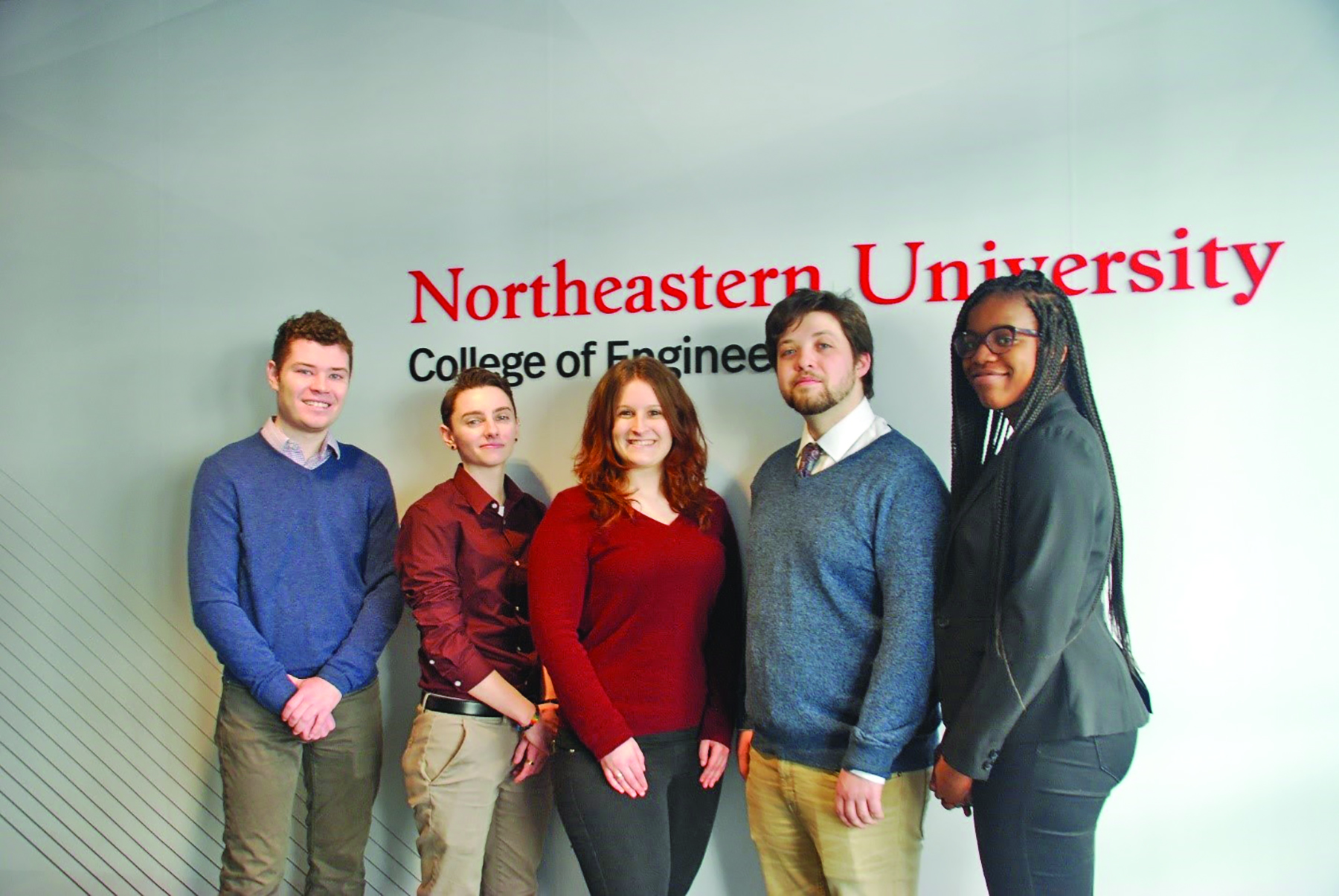 From left: Northeastern University Capstone Design Team members James Ceal, Project Manager Jessica O’Neil, Josephine Rosenthal, Cameron Parker and Odera Cole are working on a redesign of Wrentham Center. (Photo courtesy of Northeastern University)