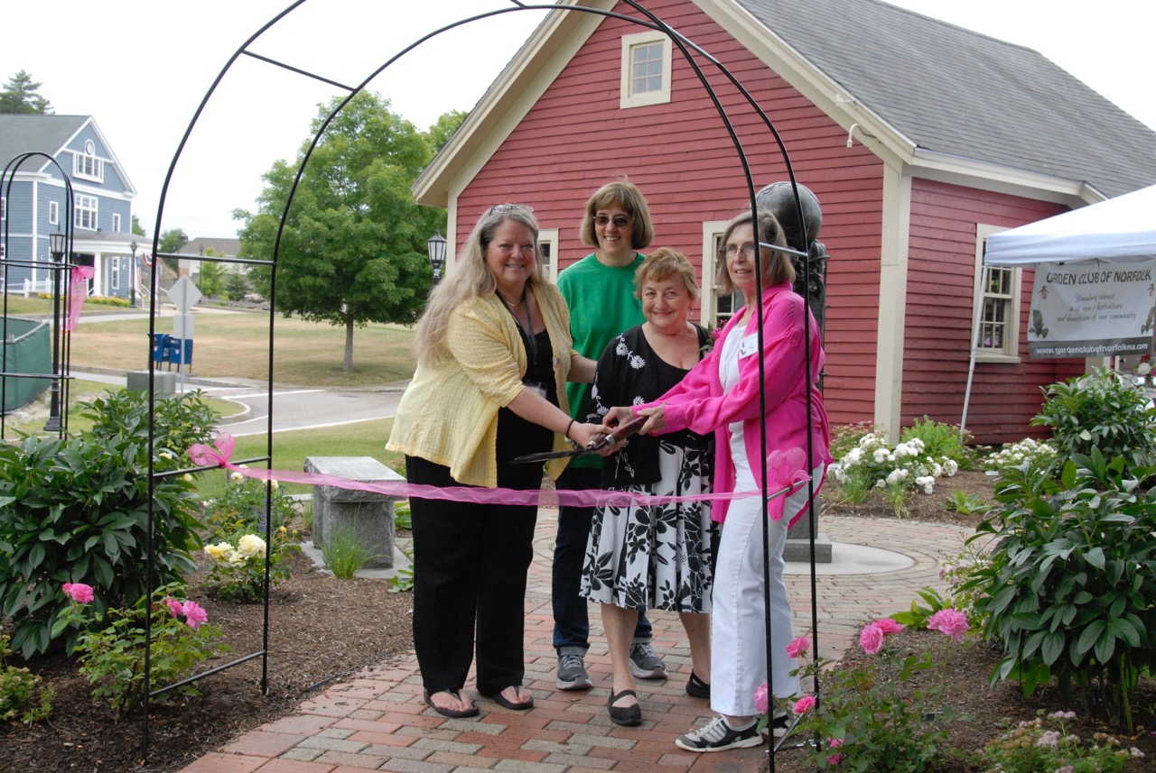 The Garden Club of Norfolk held a ribbon-cutting ceremony on June 23 at the newly-renovated Memorial Rose Garden. (l to r): Michele Drolette, Garden Club of Norfolk Co-President; Susan Brindley, Garden Club of Norfolk Memorial Rose Garden Co- Chairman; Mary Gould, Original Visionary and Benefactor; and Liz Davey, Garden Club of Norfolk Memorial Rose Garden Co- Chairman.