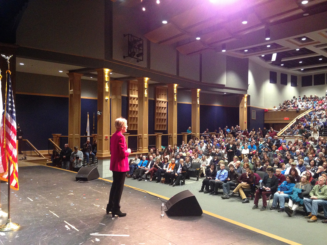 Senator Elizabeth Warren held a town meeting in Franklin at Franklin High School on Saturday, February 10th. Over 1,100 people attended.