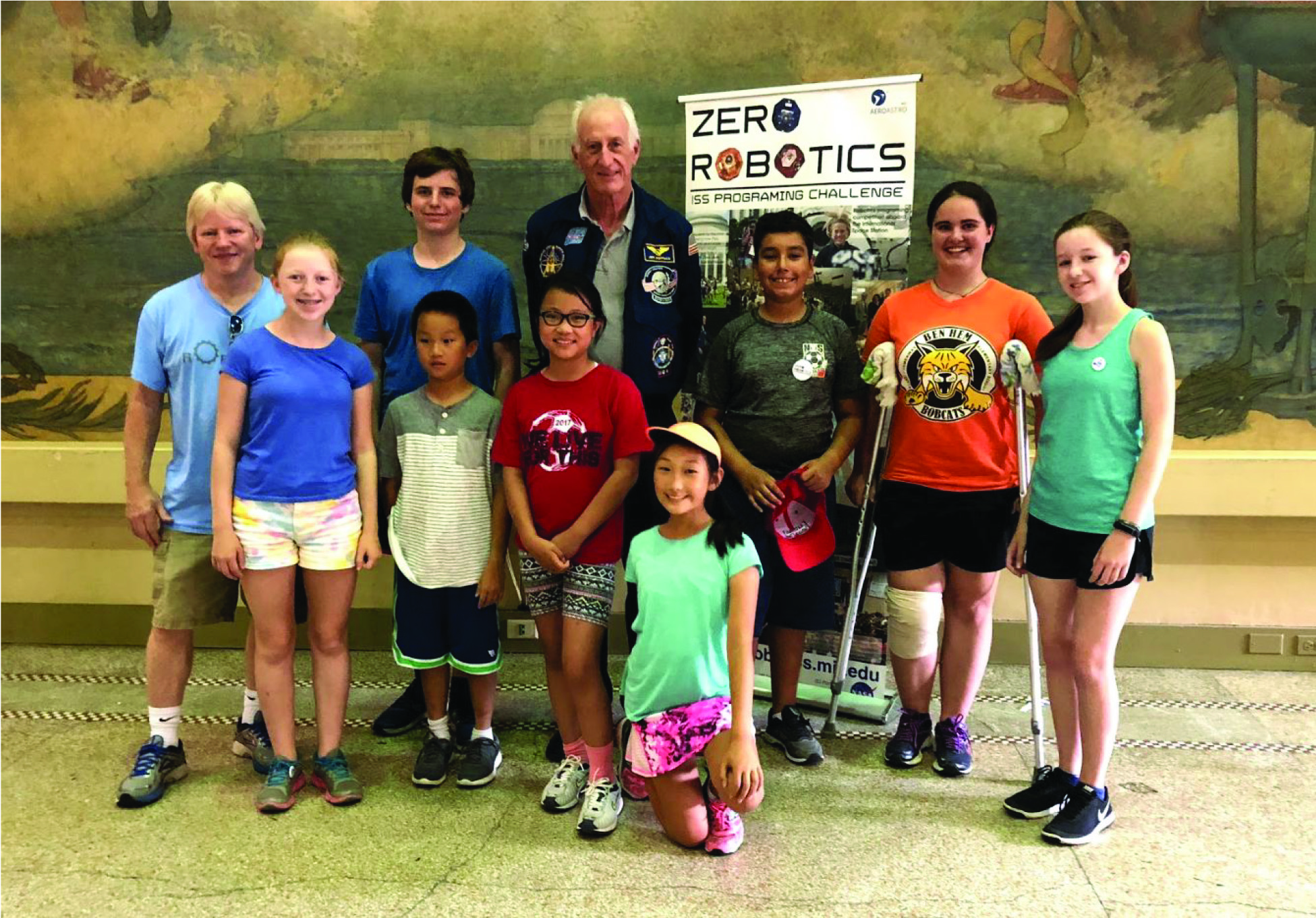 The Natick Novas met former NASA astronaut Jeffrey Hoffman at the Zero Robotics Field Day on July 17th. Back row, left to right: Larry Lesher (Instructor), Andreas Demoor, Jeffrey “The Hubble Repair Man” Hoffman, Youcef Chahboun, Kate Tearle, and Ella Lesher (Instructor). Front row, left to right: Elizabeth Lesher, David Xie, Ally Yang, and Stacey Liu. 