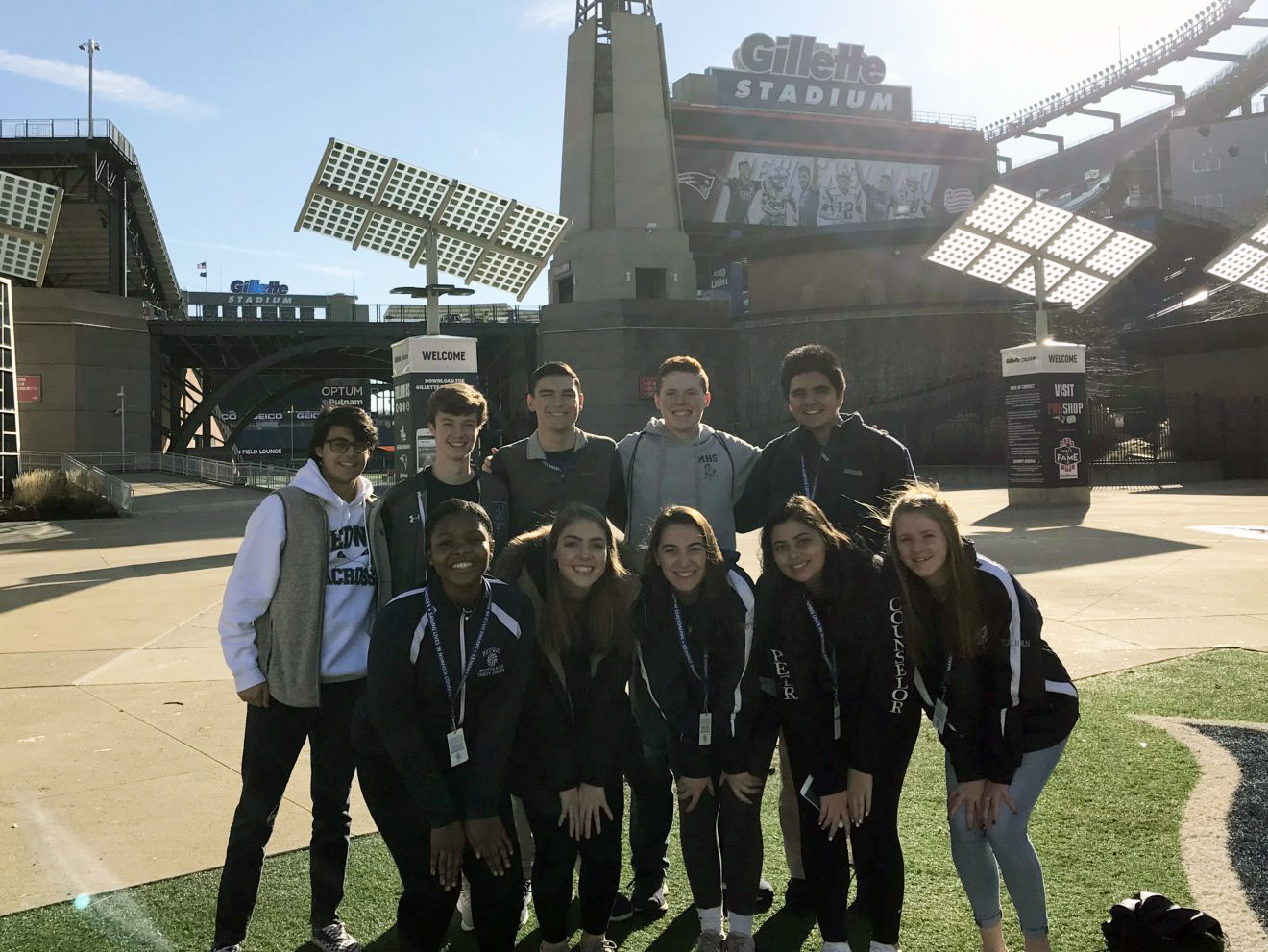 Medway High School students visited Gillette Stadium on Wednesday, Nov. 20 for the Team Rival Peer Leadership Conference as part of Norfolk District Attorney Michael Morrissey’s annual year-long Team Rival challenge. Bottom row, from left: Trinity Johnson, Erica Paille, Molly Britton, Talia Pantaleo and Caroline Calnan. Top row, from left: Will Brooks, Mike Sheehan, Sam McKeown, Ryan Davin and Zach Cioppa. (Photo courtesy Medway Public Schools)