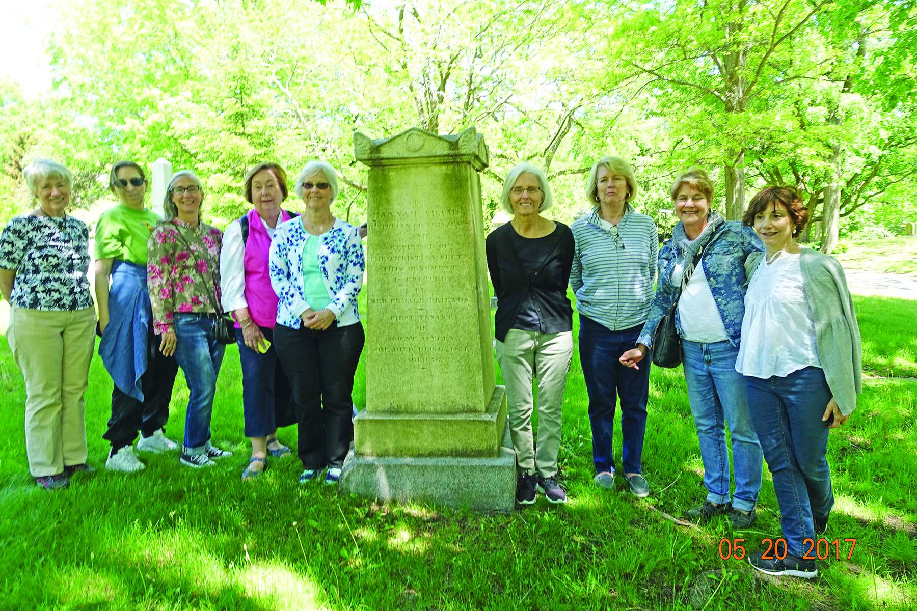 Charles River Questers at Mt. Auburn Cemetery in Cambridge, flanking a monument to Hannah Adams, the first woman in the U.S. to work professionally as a writer. Adams was born in Medfield in 1755.