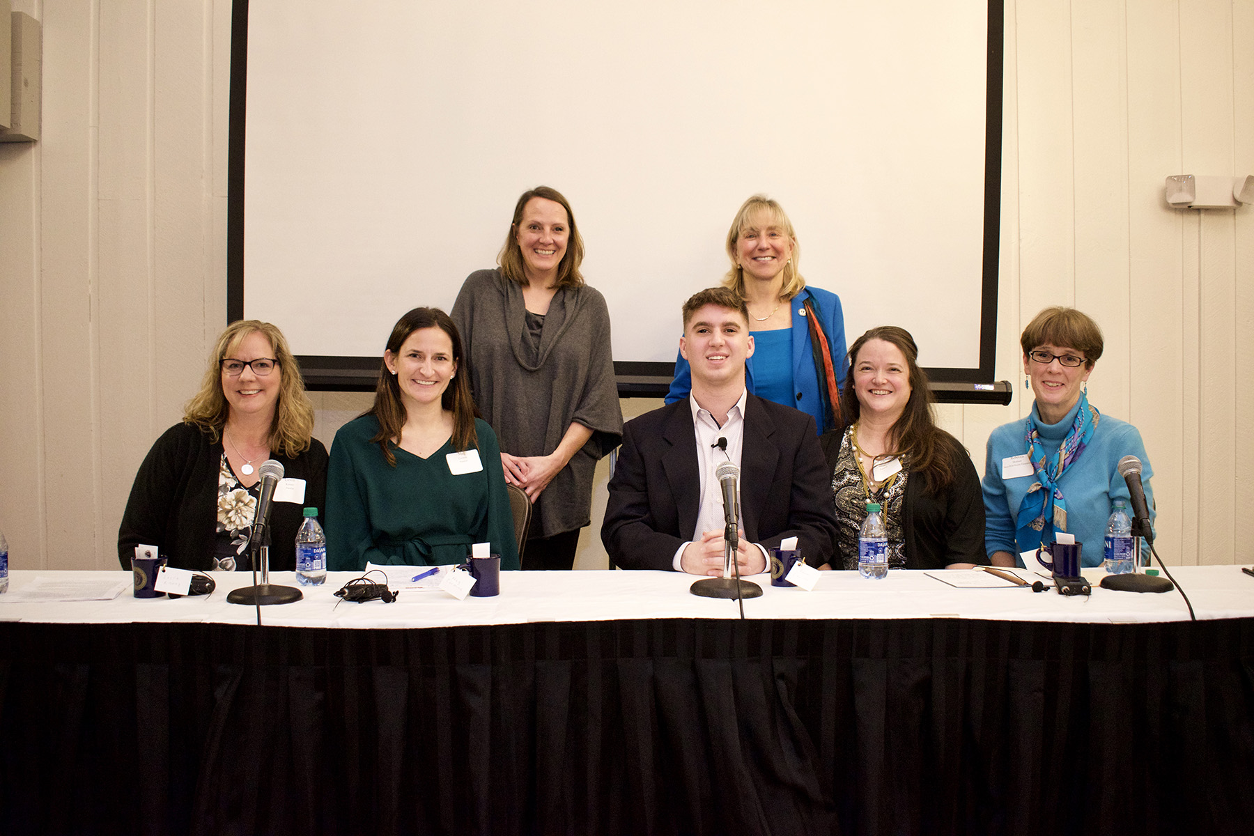 Left to Right: Lesley Kinney, Medway Parent ; Margaret Carmire, Holliston Director of Student Services ; Dr. Shella Dennery, PhD, LICSW, Program Director of the Boston Children’s Hospital Neighborhood Partnership Program; Adam Levine, Framingham High Schoåol Alum ; Senate President Karen E. Spilka ; Lisa Winner, Panel Moderator, Hopkinton High School Adjustment Counselor; Rebecca Donham, Senior Program Officer at the Metrowest Health Foundation. Photo above courtesy of the Office of Senate President Karen E