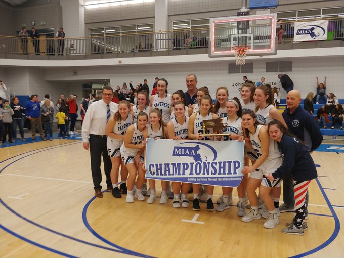 Franklin High School girls’ basketball team ended their perfect season as co-champs with Andover, with the state championship game canceled due to Covid-19 precautions. Shown, in a photo provided by the coach, is the team after winning its sectional championship.