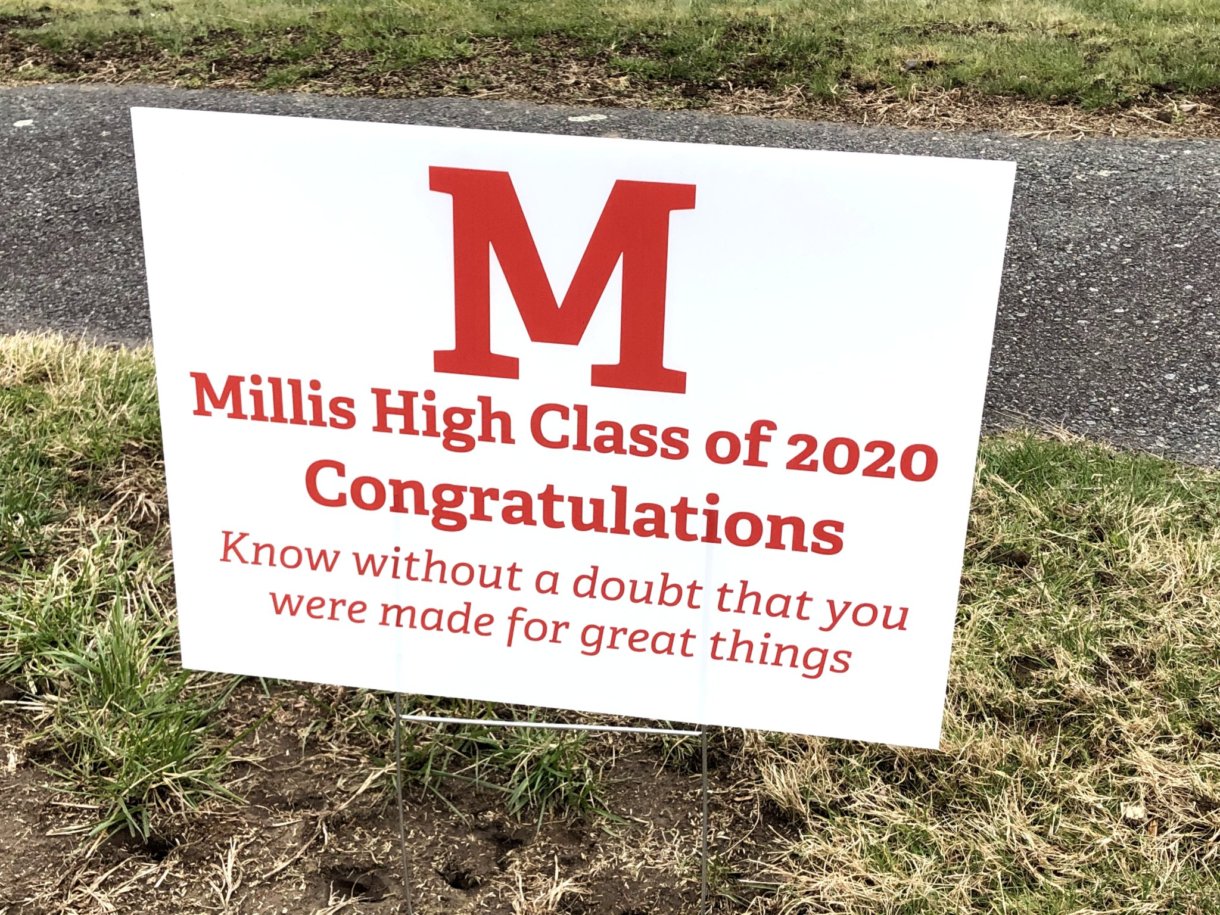 Millis High School seniors received a surprise of a lawn sign in their honor on April 22.  Photos courtesy of Tammy Coutts