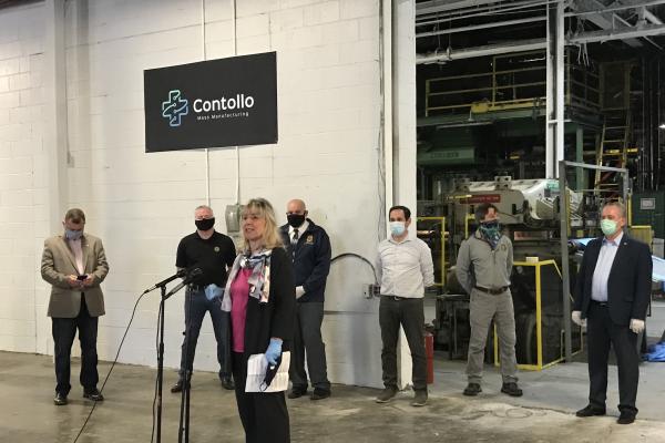 After opening remarks, Sen. Karen Spilka speaks to the group gatheredat te new Contollo Mass manufacturing to celebrate the onstart of manufacture of PPE, in the form of surgical gowns federally approved at the highest level, in Franklin.