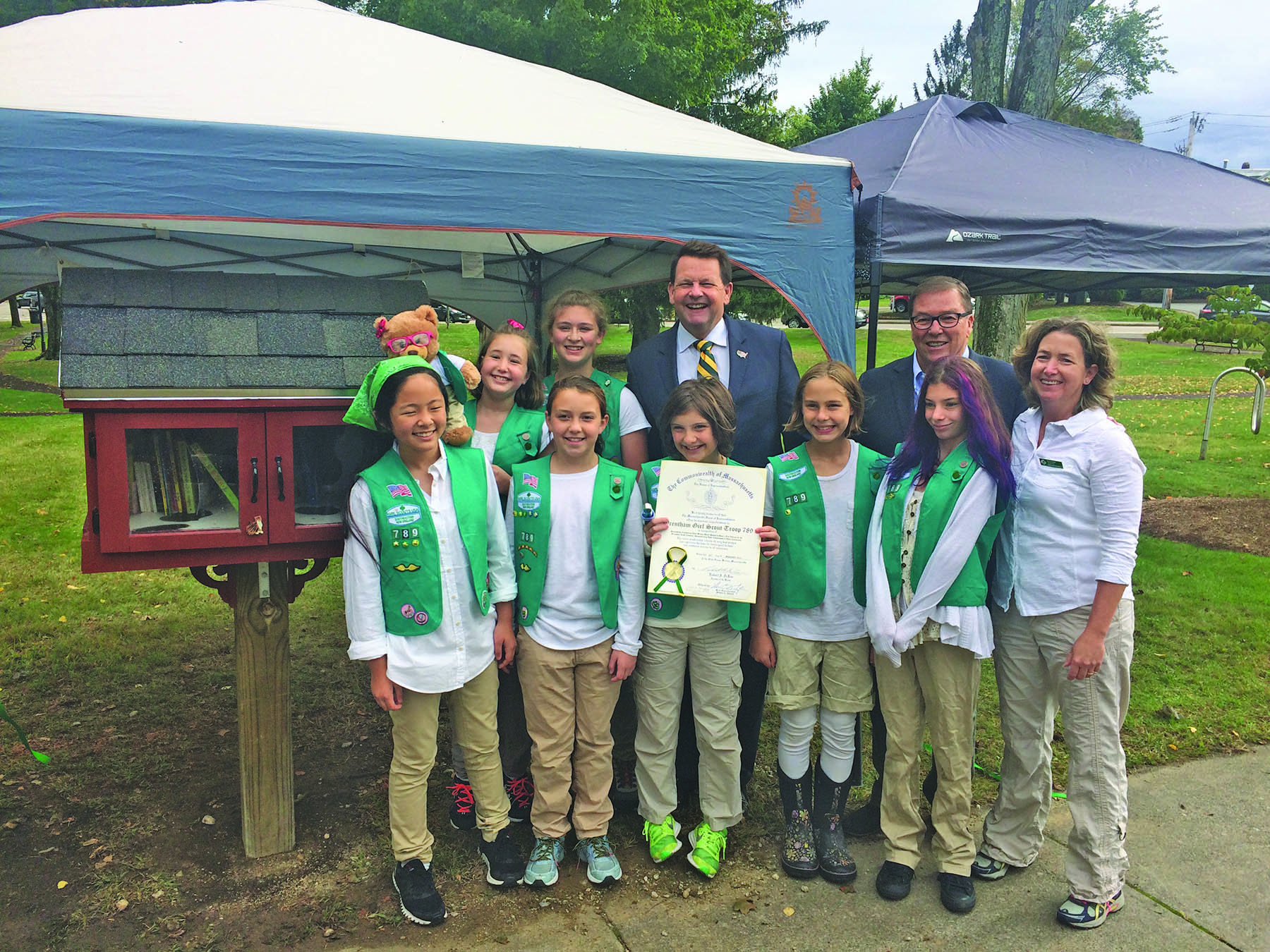 Back Row:  (l to r) Skyler Barry, Callie Schweitzer, State Representative Shawn Dooley, and State Senator Richard Ross. Front Row: (l to r) Anna-Li Quinn, Molly McDermott, Katarina Johnson, Ella Brown, Vera Tyo and Troop Leader Tricia Barry.   (Not pictured: Brenny Keefe)